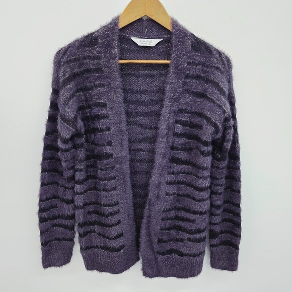 Trucloth Womens XS Metallic Purple Striped Eyelash Open Front Cardigan Boho - Picture 3 of 14